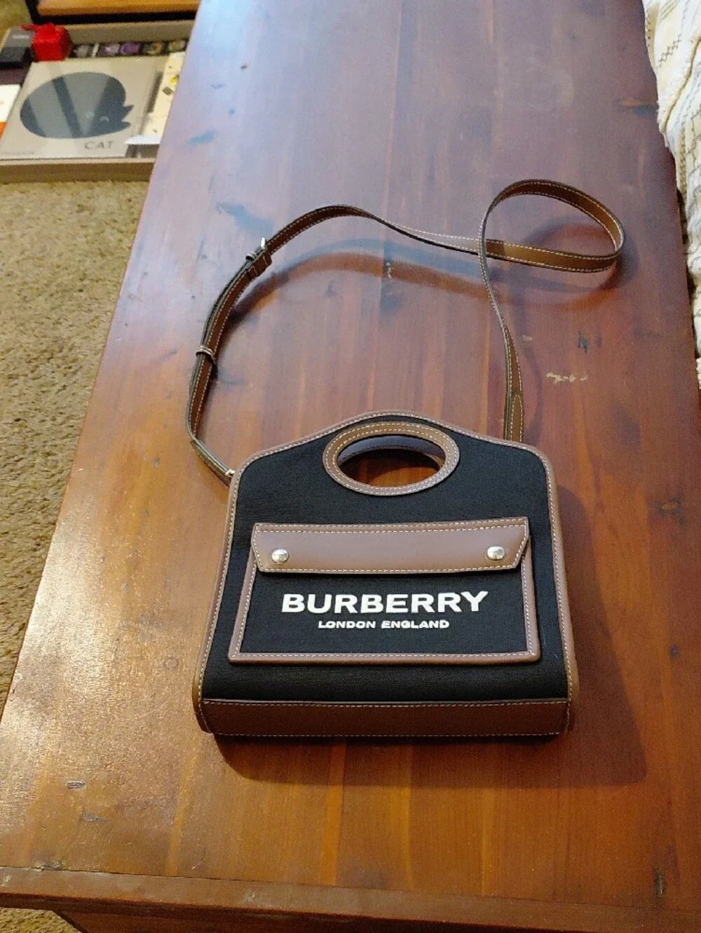Burberry Black & Brown Canvas Top-Handle Crossbody Bag